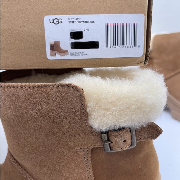 UGG WMNS 
W BROOKLYN BUCKLE PLATFORM HIGH HEELS BOOTS CHESTNUT Tan Shearling - Picture 9 of 16